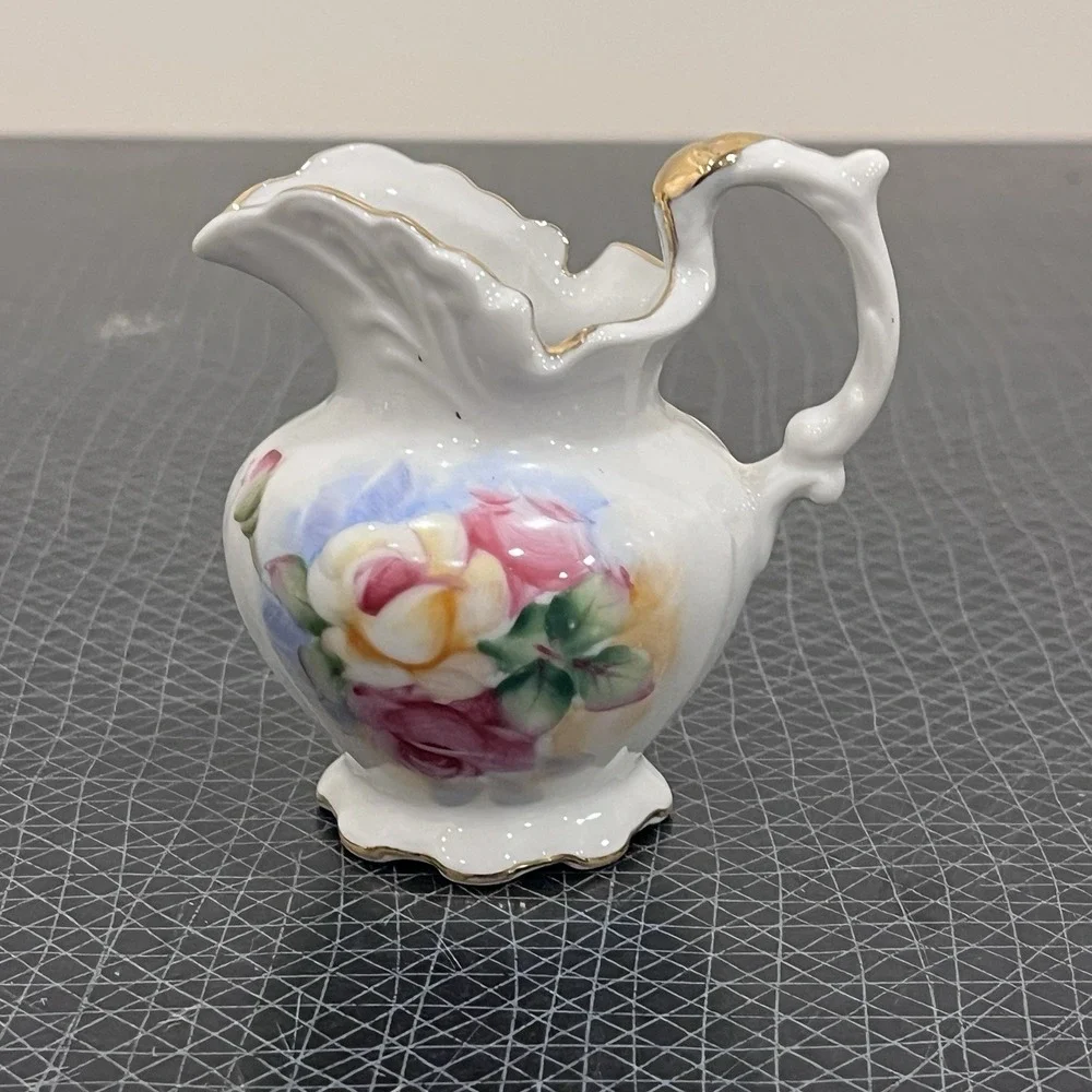 Vintage Decorative Lefton China Mini Pitcher Gold Rimmed Roses Design